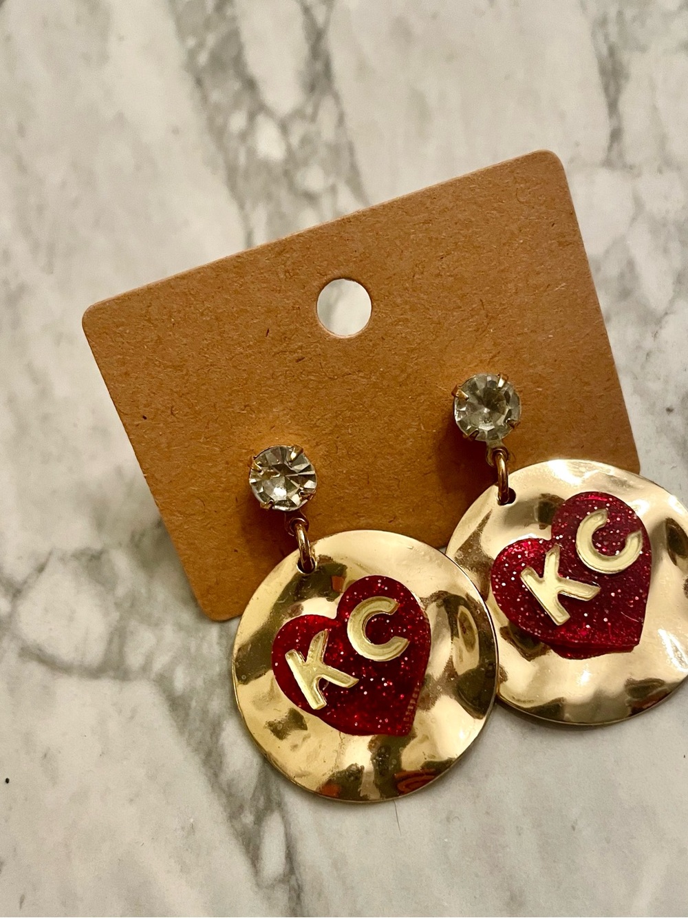 Gold Drop Earrings with Red Heart KC Accent - Picture 6 of 13
